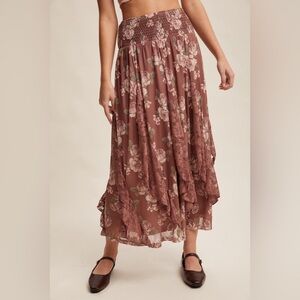 NWT Listicle Floral Print Boho Lace Smocked Waist Maxi Skirt Midi Red Bean